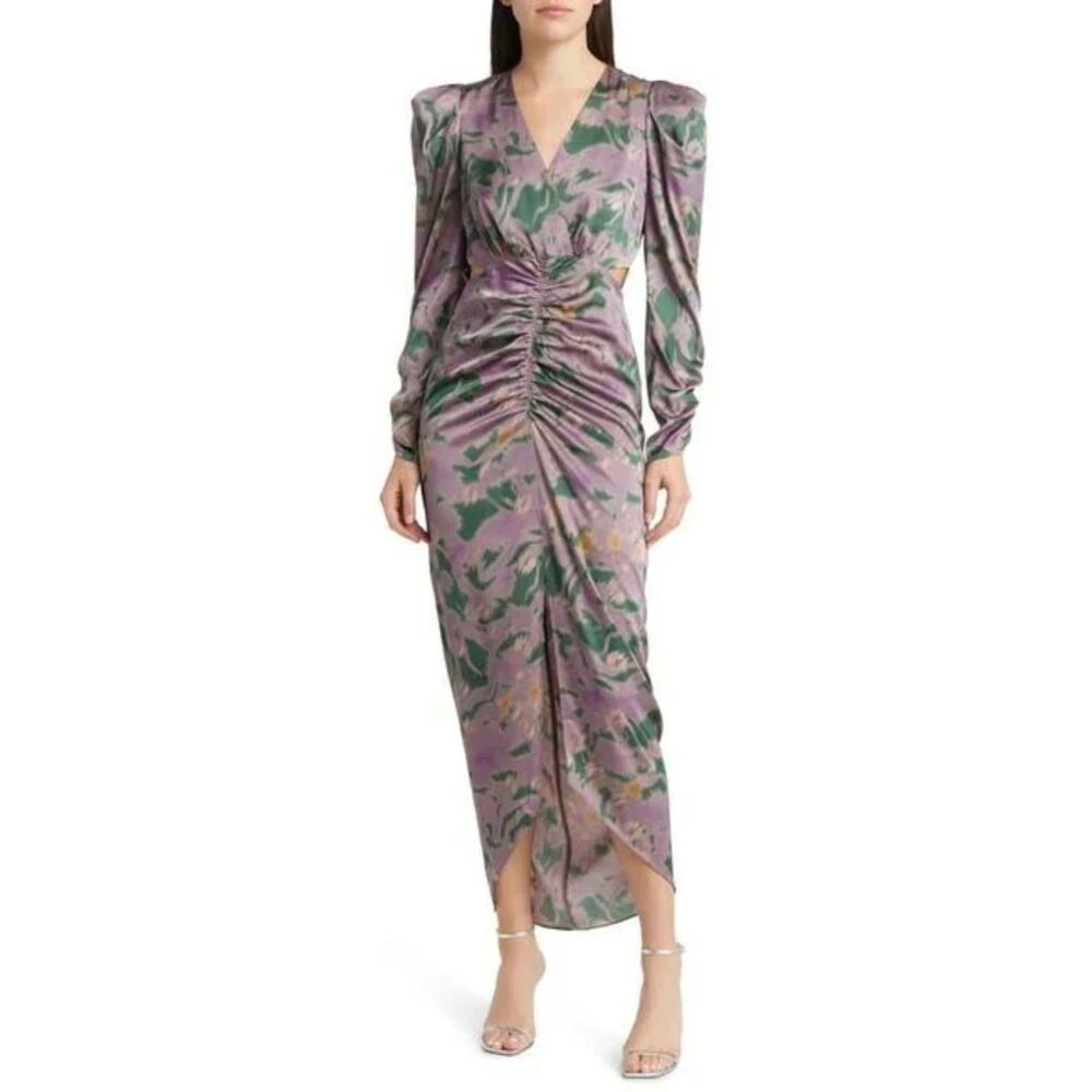 Floret Studios NWT Cutout Ruched Long Sleeve Satin Dress Plum Green Floral XL